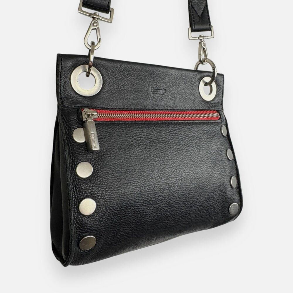 Hammitt Tony Small Black Leather **Red Zip** Crossbody | Brushed Silver